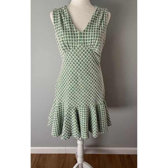 Taylor Dresses & Skirts - Taylor Plaid Tweed V-Neck Flounce Hem Sleeveless Mini Dress Green White Size 8